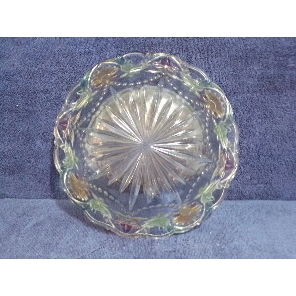Vintage Pastel Floral Crystal‎ Cut Heavy Glass Flower Large Serving Bowl 10 3/4